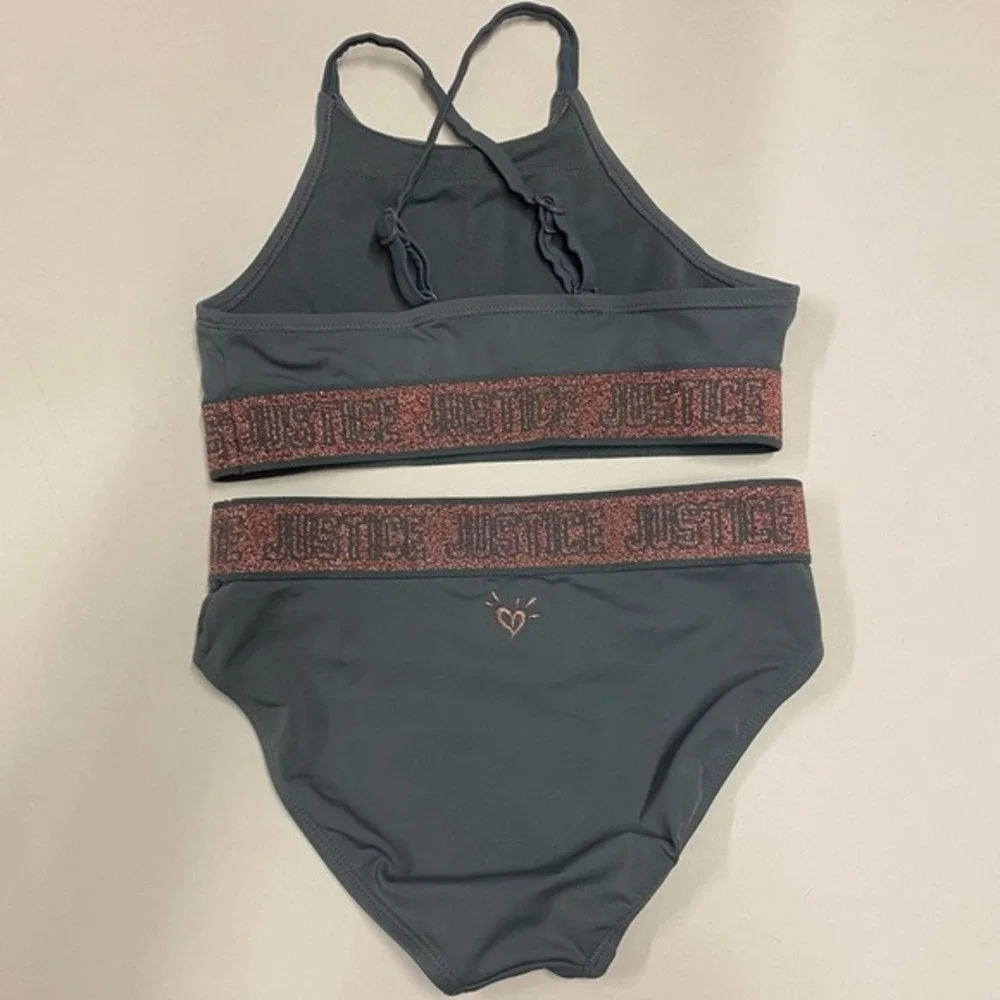 Justice‎ Girls Size 10 Gray Rose Gold Sparkle Logo Heart Bikini Swimsuit